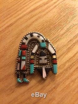 Rainbow Man Vintage Pendant Zuni Indian Sterling Silver Inlaid Stones Hallmark