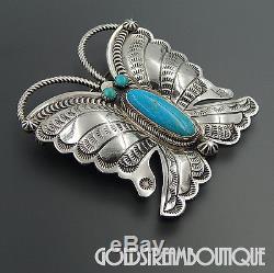 Randy Boyd Navajo Sterling Silver Turquoise Stamped Butterfly Brooch Pendant