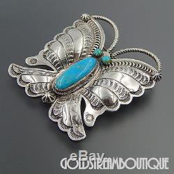 Randy Boyd Navajo Sterling Silver Turquoise Stamped Butterfly Brooch Pendant
