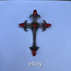 Rare! 925 Sterling Silver With Coral Navajo Pendant/Brooch By Lee Charley, Jr