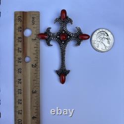 Rare! 925 Sterling Silver With Coral Navajo Pendant/Brooch By Lee Charley, Jr