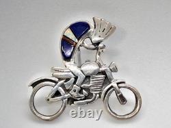 Rare Native American Hopi Turquoise 925 Sterling Silver Kokopelli Motorcycle Pin