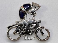 Rare Native American Hopi Turquoise 925 Sterling Silver Kokopelli Motorcycle Pin
