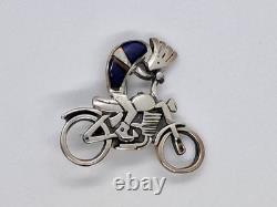 Rare Native American Hopi Turquoise 925 Sterling Silver Kokopelli Motorcycle Pin