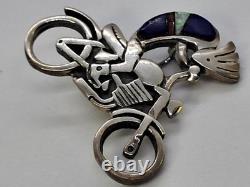 Rare Native American Hopi Turquoise 925 Sterling Silver Kokopelli Motorcycle Pin
