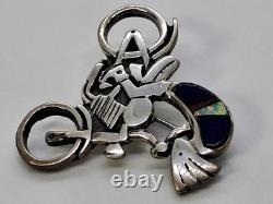 Rare Native American Hopi Turquoise 925 Sterling Silver Kokopelli Motorcycle Pin