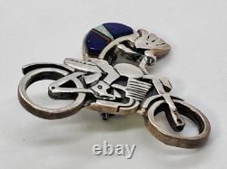 Rare Native American Hopi Turquoise 925 Sterling Silver Kokopelli Motorcycle Pin