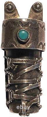 Rare Navajo Silver Turquoise Artisan Cradle Figure Brooch Pin Fred Harvey Era