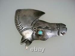 Rare Old Navajo Sterling Silver & Turquoise Horsehead Pin Brooch