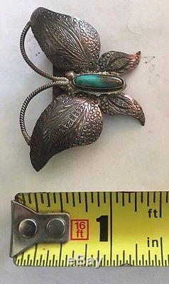 Rare Old Pawn Sterling Silver Gem Turquoise Butterfly Pin Box Says Frank Patania