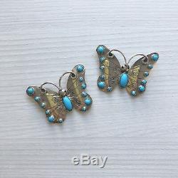 Rare Signed Vintage Navajo Butterfly Brooch Turquoise Sterling Silver Pin