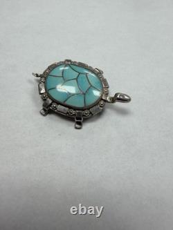 Rare Vintage Blue Turquoise Zuni Sterling Silver Turtle Pin/Pendant L96