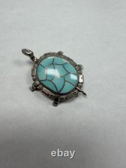 Rare Vintage Blue Turquoise Zuni Sterling Silver Turtle Pin/Pendant L96