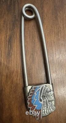 Rare Vintage Native Southwest Sterling Silver Turquoise & Coral Inlay Chief Pin