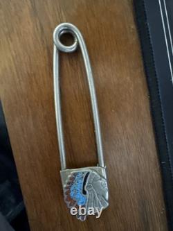 Rare Vintage Native Southwest Sterling Silver Turquoise & Coral Inlay Chief Pin