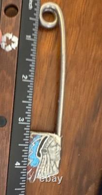 Rare Vintage Native Southwest Sterling Silver Turquoise & Coral Inlay Chief Pin