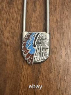 Rare Vintage Native Southwest Sterling Silver Turquoise & Coral Inlay Chief Pin