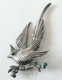 Rare Vintage Silver Cast Bird Pin with Turquoise