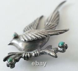 Rare Vintage Silver Cast Bird Pin with Turquoise