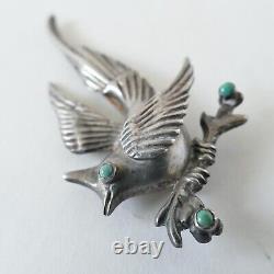 Rare Vintage Silver Cast Bird Pin with Turquoise