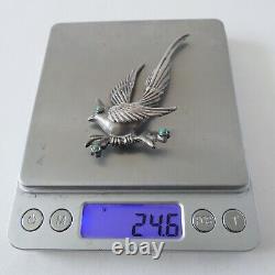 Rare Vintage Silver Cast Bird Pin with Turquoise