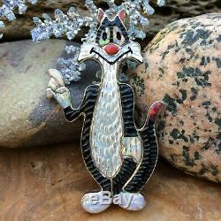 Rare Zuni Sterling Silver Inlaid Sylvester The Cat Mop Jet Coral Pendant Pin Wow