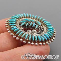 Ray & Eva Wyaco Zuni 925 Silver Turquoise Needlepoint Floral Round Pin Pendant