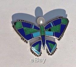Ray Tracey Sterling Silver Navajo Inlay Turquoise Pearl Lapis Butterfly Pin