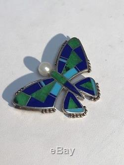 Ray Tracey Sterling Silver Navajo Inlay Turquoise Pearl Lapis Butterfly Pin