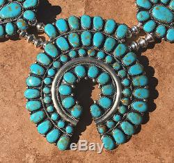 Rich Navajo Turquoise Sterling Silver Squash Blossom Necklace & Pin