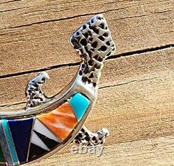 Rick Tolino Navajo Native American Sterling Lizard Pin Turquoise Coral Lapiz