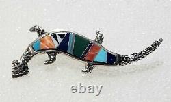 Rick Tolino Navajo Native American Sterling Lizard Pin Turquoise Coral Lapiz