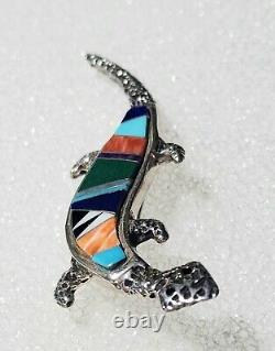 Rick Tolino Navajo Native American Sterling Lizard Pin Turquoise Coral Lapiz