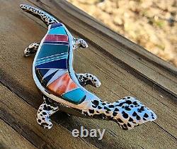 Rick Tolino Navajo Native American Sterling Lizard Pin Turquoise Coral Lapiz