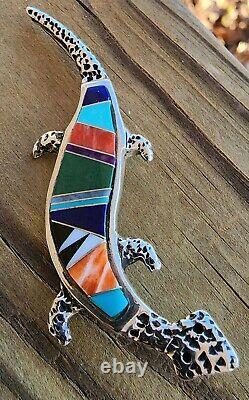 Rick Tolino Navajo Native American Sterling Lizard Pin Turquoise Coral Lapiz