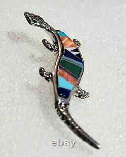 Rick Tolino Navajo Native American Sterling Lizard Pin Turquoise Coral Lapiz