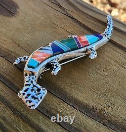 Rick Tolino Navajo Native American Sterling Lizard Pin Turquoise Coral Lapiz