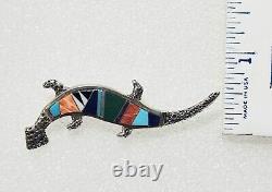 Rick Tolino Navajo Native American Sterling Lizard Pin Turquoise Coral Lapiz