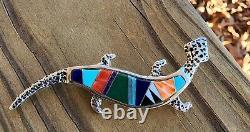 Rick Tolino Navajo Native American Sterling Lizard Pin Turquoise Coral Lapiz