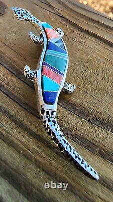 Rick Tolino Navajo Native American Sterling Lizard Pin Turquoise Coral Lapiz