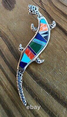 Rick Tolino Navajo Native American Sterling Lizard Pin Turquoise Coral Lapiz