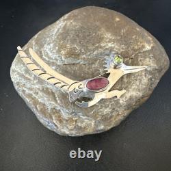 Road Runner Spiny Peridot Navajo Sterling Silver Stamped Pin Brooch 3 19089
