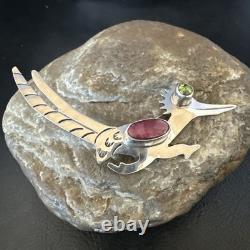Road Runner Spiny Peridot Navajo Sterling Silver Stamped Pin Brooch 3 19089