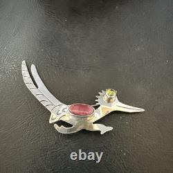 Road Runner Spiny Peridot Navajo Sterling Silver Stamped Pin Brooch 3 19089