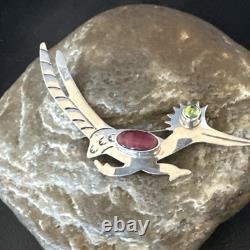 Road Runner Spiny Peridot Navajo Sterling Silver Stamped Pin Brooch 3 19089