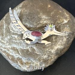 Road Runner Spiny Peridot Navajo Sterling Silver Stamped Pin Brooch 3 19089