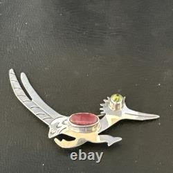 Road Runner Spiny Peridot Navajo Sterling Silver Stamped Pin Brooch 3 19089