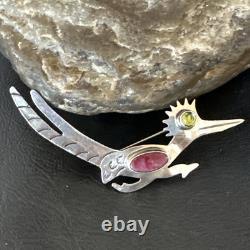 Road Runner Spiny Peridot Navajo Sterling Silver Stamped Pin Brooch 3 19089