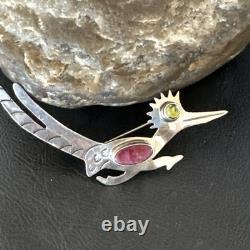 Road Runner Spiny Peridot Navajo Sterling Silver Stamped Pin Brooch 3 19089