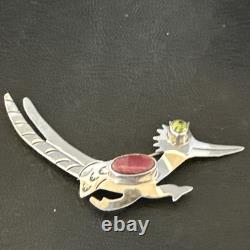 Road Runner Spiny Peridot Navajo Sterling Silver Stamped Pin Brooch 3 19089